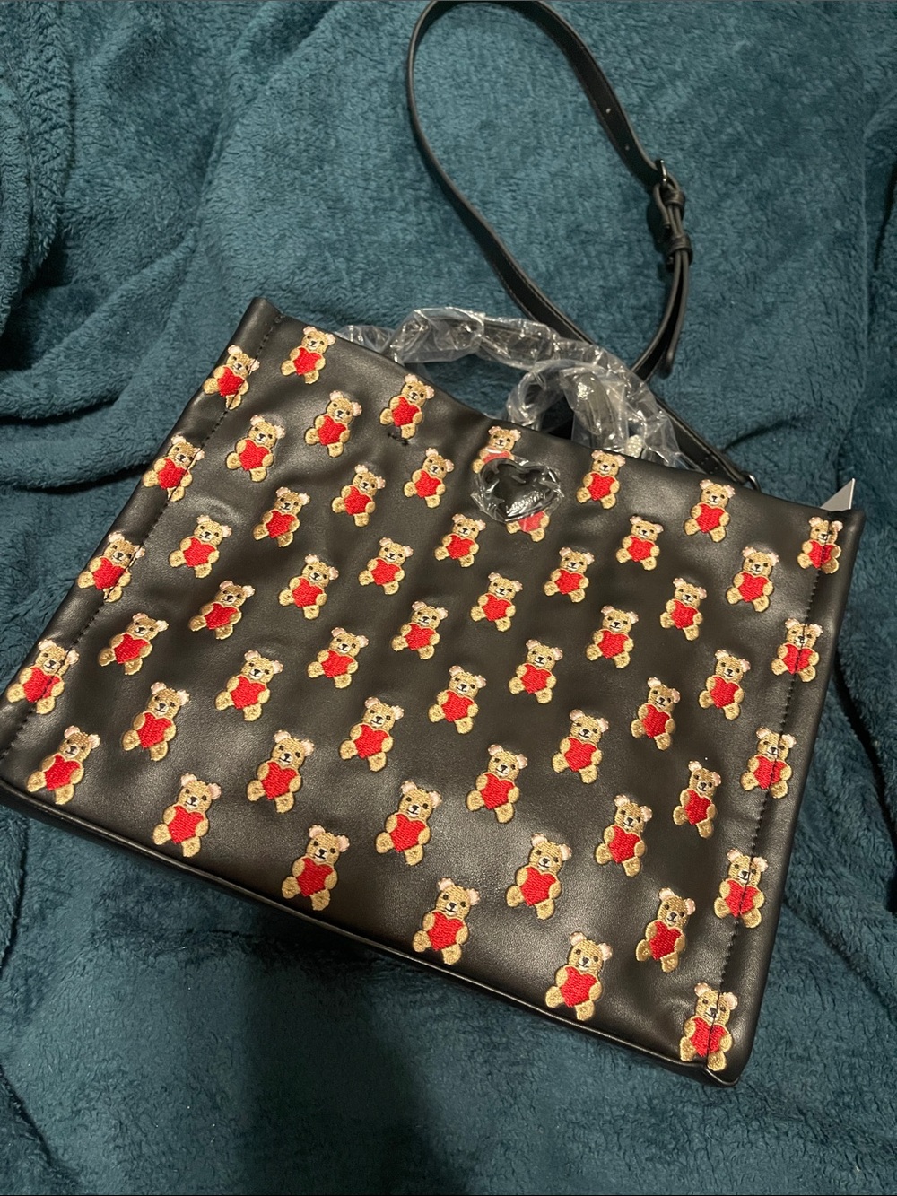 Betsey Johnson 🧸 ❤️ Black Tote Bag with Red Hearts & Teddy Bear Motif
